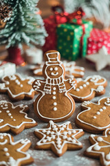 A photo of gingerbread cookies in the shape of snowmen and stars