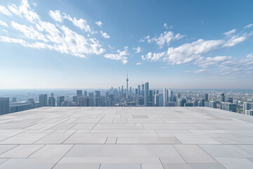 Fototapeta premium Expansive Concrete Rooftop Platform with Modern City Skyline and Clear Blue Sky