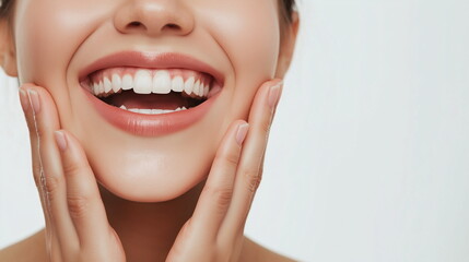 Obraz premium 両手で顔を包み込むようにスキンケアしている日本人女性の画像