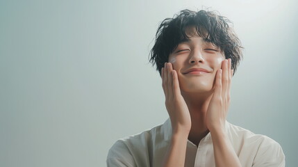 両手で顔を包み込むように頬に手を当ててスキンケアしているアジア系男性の画像