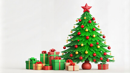 Decorated Christmas tree with gifts and red star