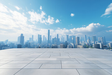 Empty Rooftop with City Skyline and Clear Blue Sky