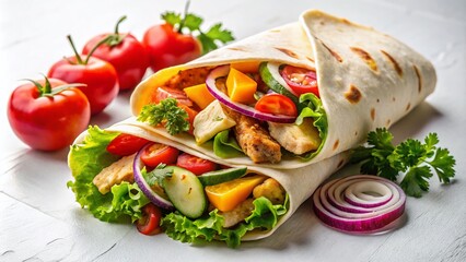 Aerial View of Delicious Chicken Wraps on a White Background Perfect for Food Photography and Culinary Inspiration