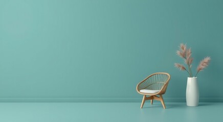 Minimalist interior design with a wicker chair and a vase with pampas grass.