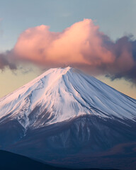 Fototapeta premium Summit of a snowy mountain with a cloud right above at sunset.