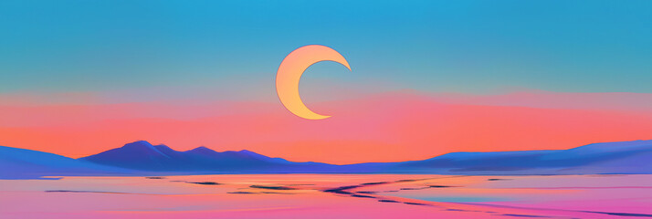 peaceful desert sunset with crescent moon rising