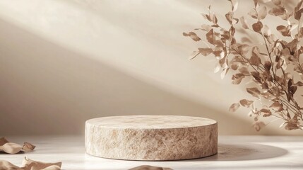 A round stone pedestal with a leafy branch on top of it