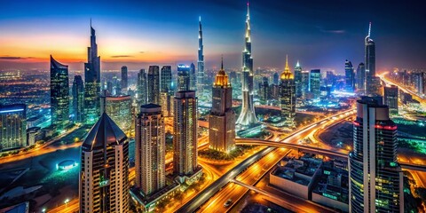 Obraz premium Aerial View of Dubai's Stunning Night Cityscape with Vibrant Lights and Bokeh Effect Showcasing Iconic Skyscrapers and Urban Landscape in a Mesmerizing Atmosphere