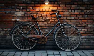 An old vintage bicycle propped against a weathered brick wall, with soft