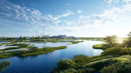 serene landscape with carbon capture storage facilities by tranquil lake under bright blue sky, surrounded by lush greenery and reflecting water, creating peaceful atmosphere