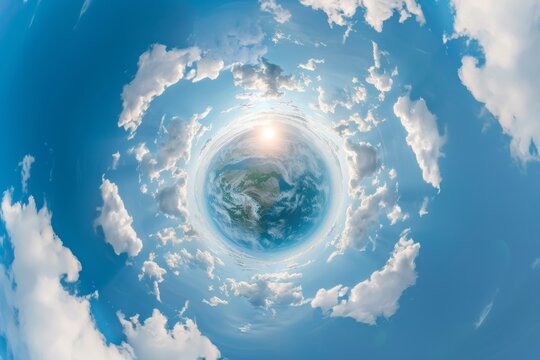 simple tiny planet without buildings in blue sky with beautiful clouds. Transformation of spherical panorama 360 degrees. Spherical abstract aerial view. Curvature of space.