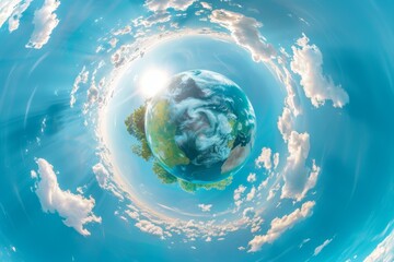simple tiny planet without buildings in blue sky with beautiful clouds. Transformation of spherical panorama 360 degrees. Spherical abstract aerial view. Curvature of space.