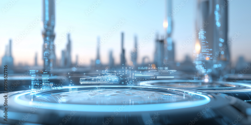 Poster futuristic industrial landscape with carbon storage systems, featuring advanced technology and digit