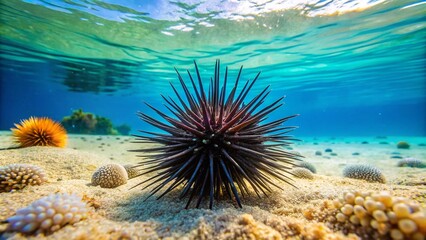 Aerial View of Isolated Black Sea Urchin on Sandy Seafloor Surrounded by Marine Life in Crystal Clear Waters, Showcasing the Unique Features of This Fascinating Sea Creature