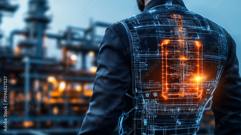 Poster person in futuristic suit stands in front of industrial facility at night, illuminated by glowing di