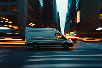 white delivery van speeding through a busy city street at dusk with motion blur and glowing urban lights creating a dynamic atmosphere  
