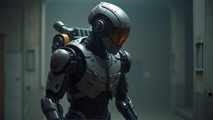 Fototapeta premium A tactical figure in black gear, holding a rifle, standing in a dark, urban environment. Generative, AI.