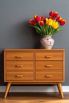 A wooden cabinet with a colorful vase of tulips stands against a sleek gray wall.