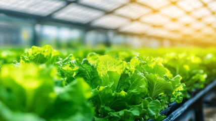 Lush green lettuce growing in modern vertical farm with hydroponics, showcasing innovative agricultural technology under bright sunlight