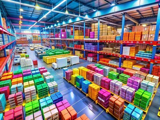 Fototapeta premium Aerial View of Modern E-commerce Warehouse with Tags and Labels Showcasing Inventory Management and Shipping Efficiency for Online Retail Business Solutions