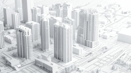 Skyscrapers on the blueprint. Construction concept isolated white background. 3d illustration