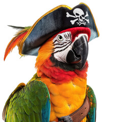 Naklejka premium Colorful parrot wearing pirate hat and belt, exuding playful spirit. Isolated on transparent background.
