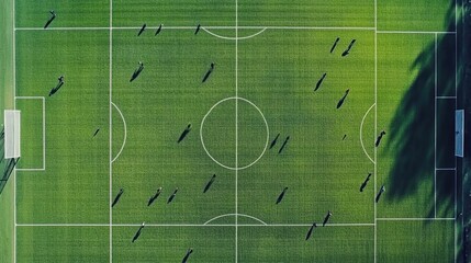 Aerial top drone view from above of green grass soccer field outdoor. Sport players engaged in active game. Professional football play setting. Teamwork and athleticism. Bets.
