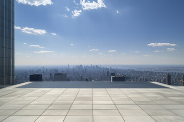 Empty Rooftop with City Skyline and Clear Blue Sky