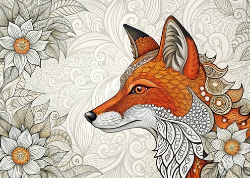 Detailed fox head adorned with intricate floral designs in zendoodle style, perfect for relaxation, creativity, art therapy, and mindfulness practices. Unleash your artistic side!