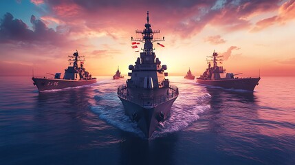 Fototapeta premium A fleet of warships navigating through a vibrant sunset at sea.
