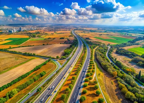 Aerial View of Southern Israel's Highway Between Netivot and Sderot with a Unique Perspective of Flying Backward in the Sky, Showcasing Urban Exploration and Scenic Landscapes