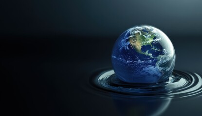 3D Rendering of the Earth Inside a Water Drop Resting on a Leaf