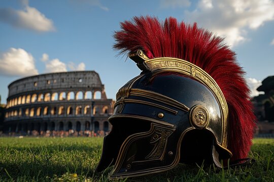 A metallic gladiator helmet in front of the Rome Coliseum.
