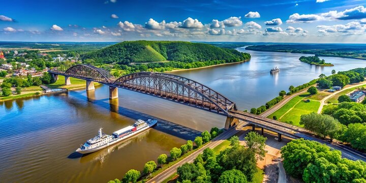 Aerial View of the Historic Dubuque Railroad Bridge Spanning the Mississippi River Between Iowa and Illinois with a Cruise Boat in the Distance Under a Clear Blue Sky