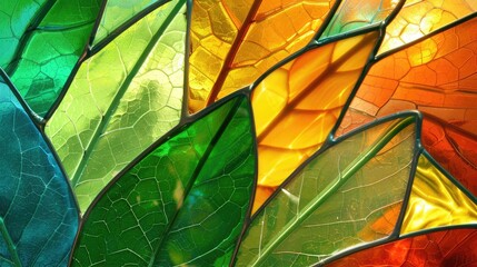 Colorful stained glass window in the form of a leaf. Abstract background.