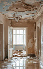 Images of Damaged Ceilings with Peeling Paint and Cracks, Highlighting Neglect, Urban Decay, and the Need for Restoration in Aging Interiors