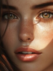 Fototapeta premium Natural Beauty Close-Up: Sunlit Portrait of a Woman - A captivating close-up showcasing natural beauty, sunlit skin, expressive eyes, soft lips, and freckles. Pure, radiant, feminine, delicate, and s