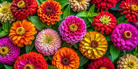 Aerial View of Vibrant Zinnia Blossoms Creating a Colorful Tapestry in a Garden, Showcasing the Natural Beauty and Grace of Nature's Floral Masterpiece