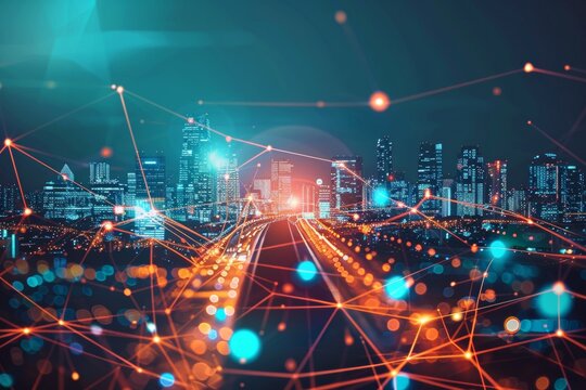 Smart city and abstract polygon pattern connection with speed line light, big data connection technology concept