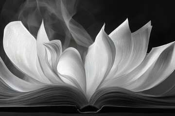 Open Book, Pages Fanned Like Petals, Smoke Background - A book open to reveal pages gracefully fanned like flower petals, set against a smoky backdrop. Symbolizing knowledge, wisdom, imagination, myst