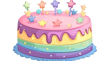 a fantasy-themed cake clipart, magical celebration element, digital art, pastel rainbow hues, isolated on white background