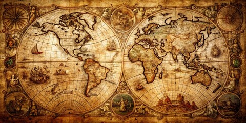 Fototapeta premium Antique Map with Intricate Designs Featuring Vintage Topography and Ancient Symbols on Crinkled Paper, Captured in Long Exposure for a Timeless Aesthetic