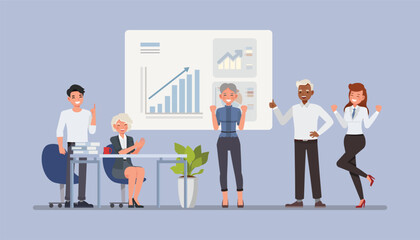 Businesswoman owner proudly standing beside a growing sales graph and the team is celebrating character vector illustration design. Business Growth concept.