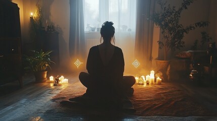 A serene scene of a person meditating amidst candles and plants in a softly lit room.