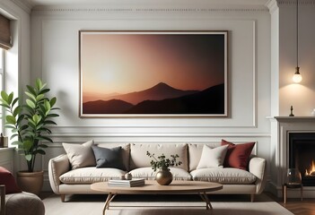 A serene landscape with a mountainous horizon at sunset is framed by a large wall hanging in a cozy living room setting with a plush beige sofa and colorful throw pillows.