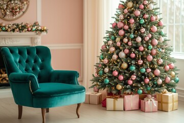 Christmas tree decorated with pink, green, and gold ornaments stands in the corner of an elegant living room with A teal velvet chair is placed nearby
