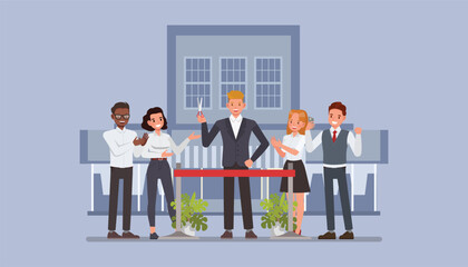 Businessman cutting a ribbon in front of a small office or storefront and celebrating the launch of their startup character vector illustration design. Business startup launch concept.