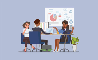 Female financial advisor and a client reviewing financial statements and investment options character vector illustration design.