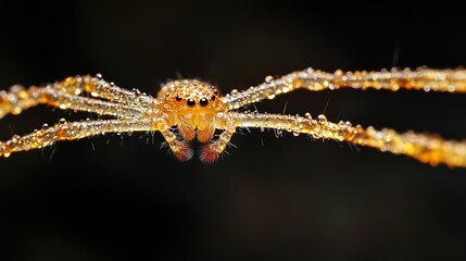 Focused golden spider spinning its web with precision on a black background