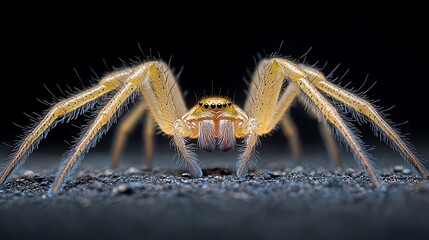 Fototapeta premium Hairy legs of a golden spider delicately weaving a web in a dark minimalist scene